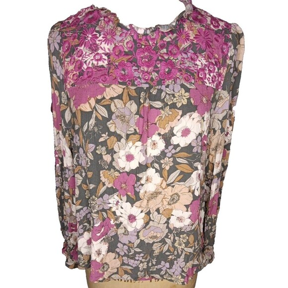Savanna Jane Medium Boho Embroidered Floral Fall Peasant Long Sleeve Top - Picture 3 of 11